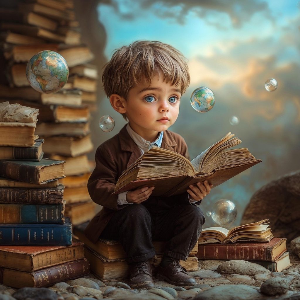 ai généré, enfant, lis, masculin, curieuse, livre, information, fantaisie, antique, couverture rigide, encyclopédie, étudier