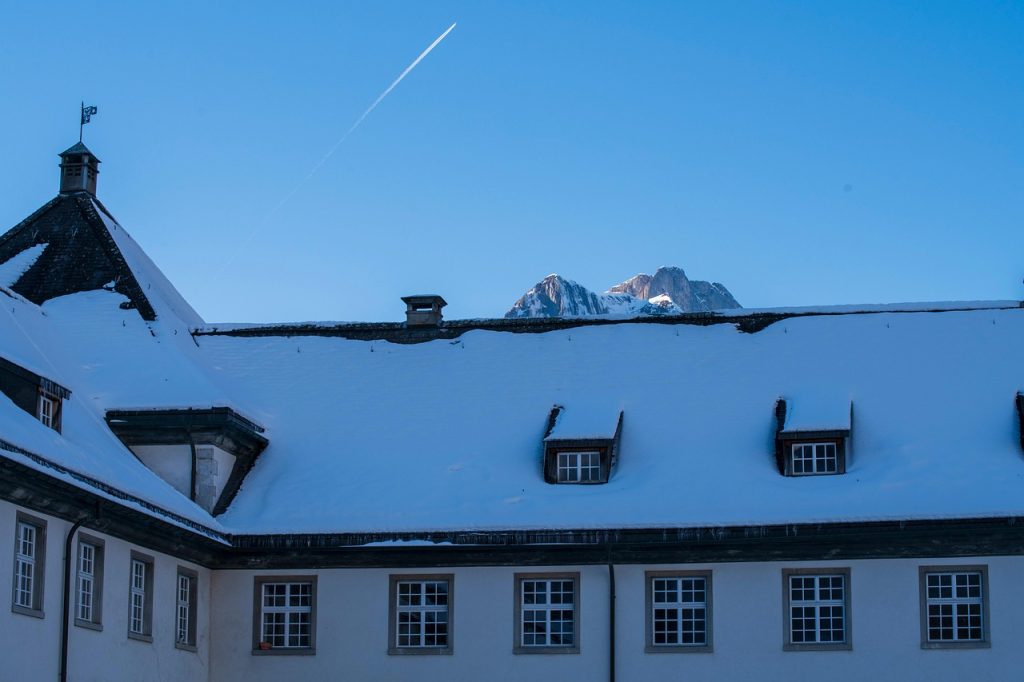 imeuble, hiver, nature, neige, toit, les fenêtres, manor, château, loger, montagne, l'architecture, engelberg, suisse